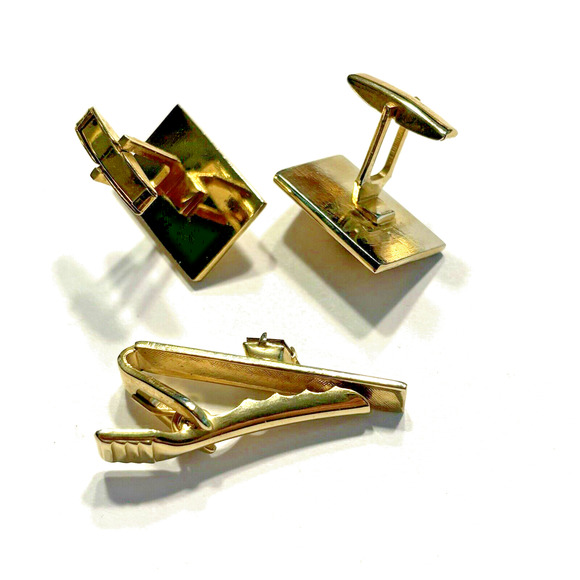 Vintage Mid Century Tie Bar & Cuff Links Jewelry Set Gold & Red Rhinestones - Picture 4 of 7
